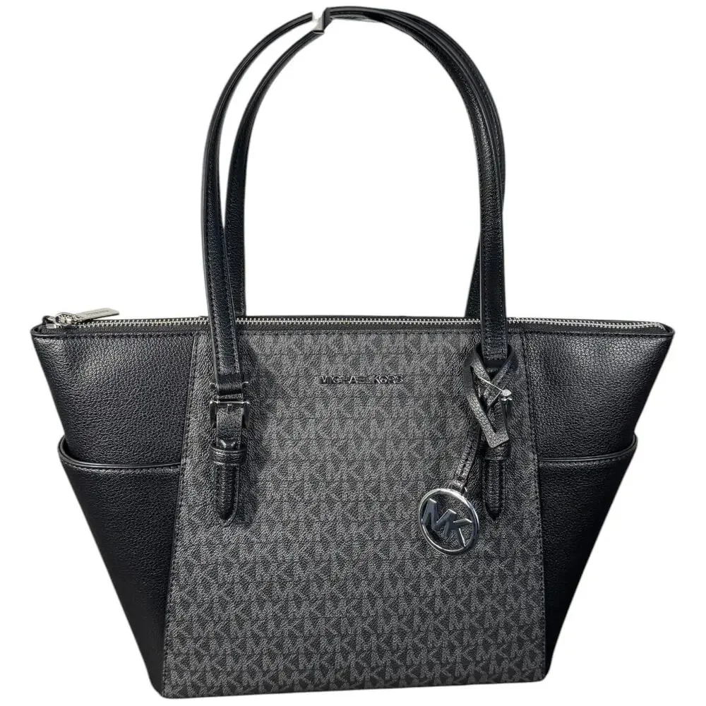 Michael Kors Charlotte Signature Logo Tote Bag Large Black Leather Zip‎ Top NWT